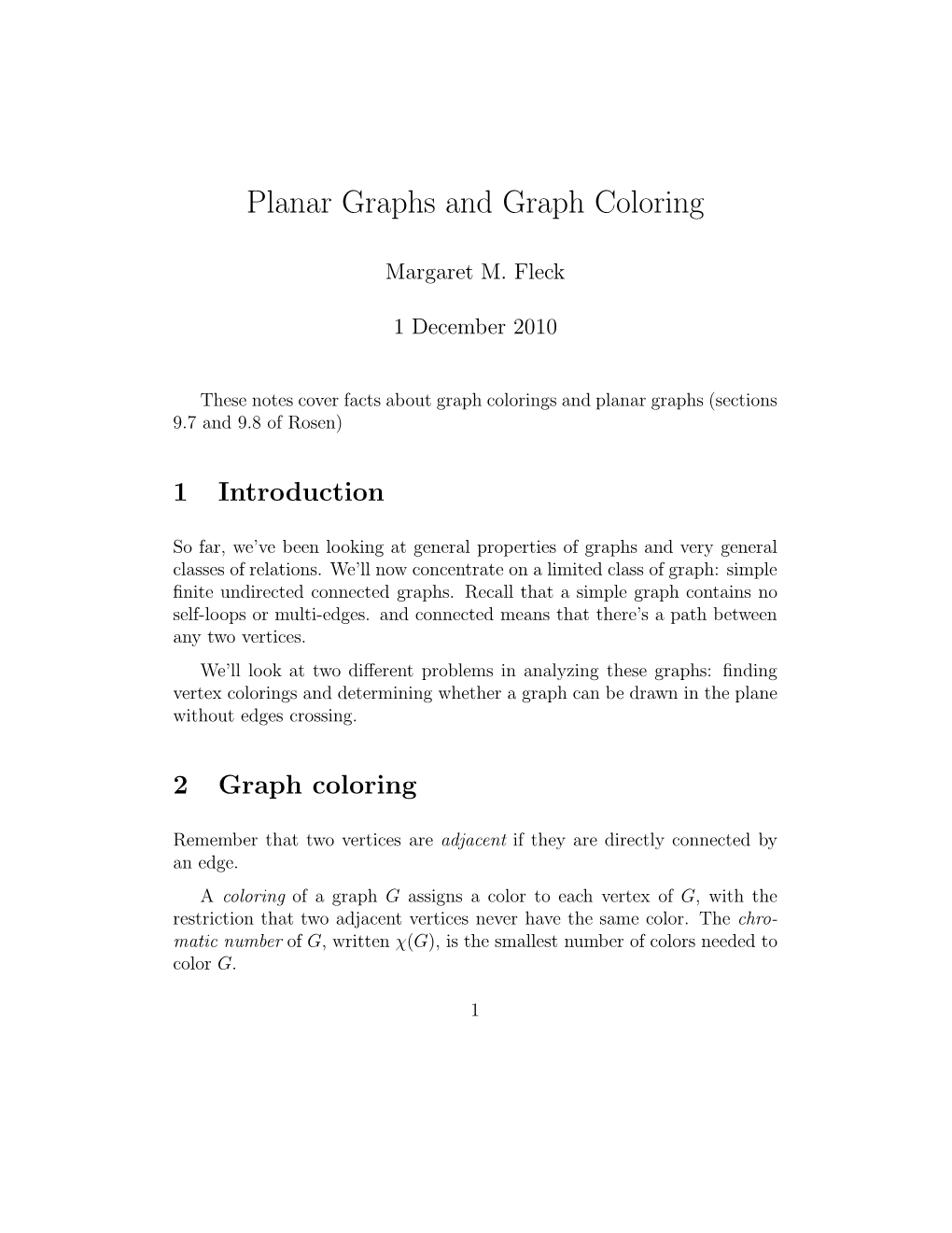 Planar Graphs and Graph Coloring