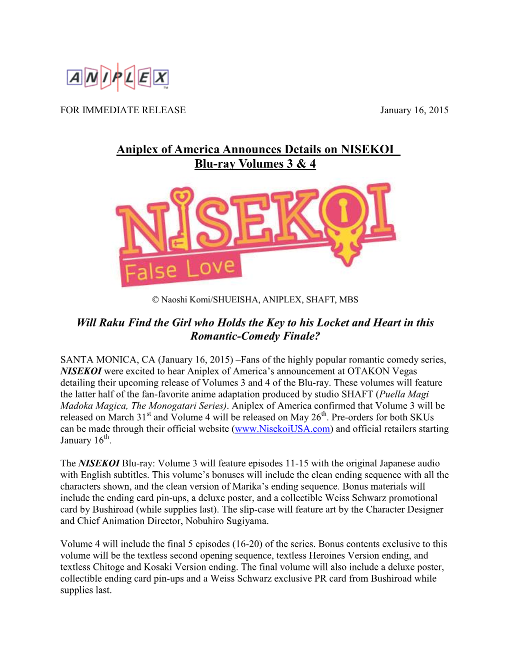Aniplex of America Announces Details on NISEKOI Blu-Ray Volumes 3 & 4