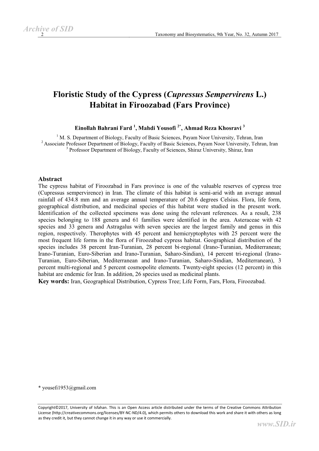 Floristic Study of the Cypress (Cupressus Sempervirens L.) Habitat in Firoozabad (Fars Province)