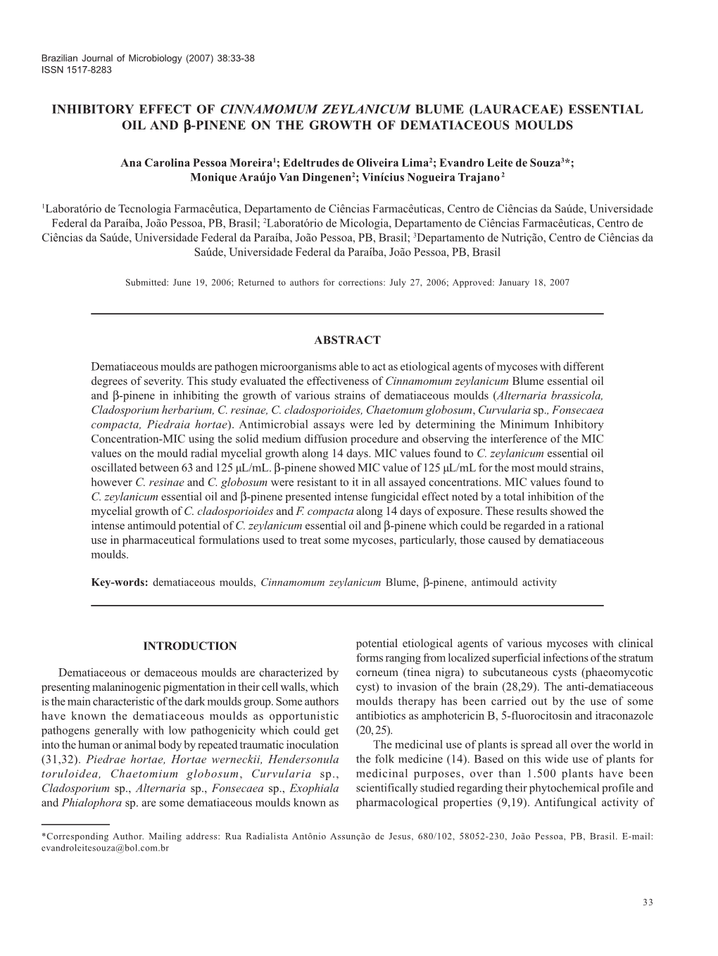 (Lauraceae) Essential Oil and Β-Pinene on the Growth of Dematiaceous Moulds