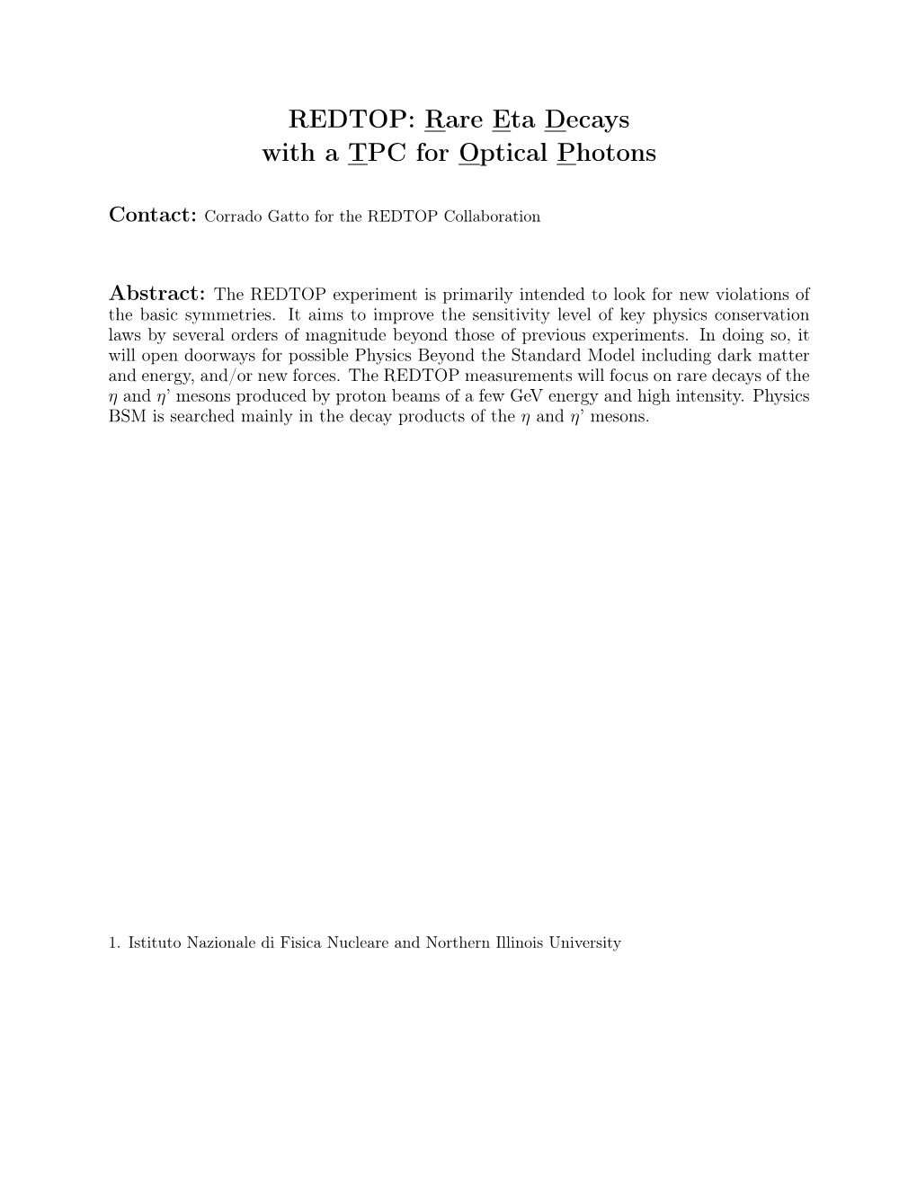 REDTOP: Rare Eta Decays with a TPC for Optical Photons