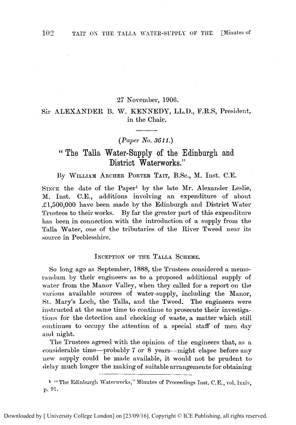 Talla Water-Supply of the Edinburgh and District Waterworks.” Bp WILLIAXARCHER PORTER TAIT, B.Sc., M