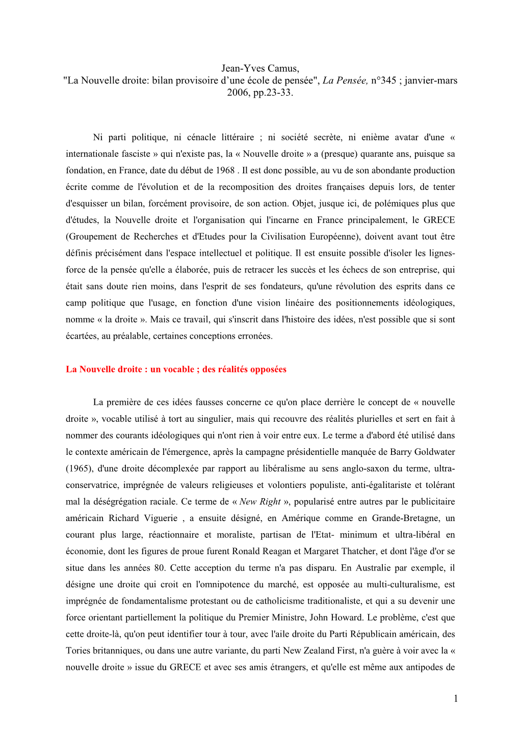 La Nouvelle Droite: Bilan Provisoire D’Une École De Pensée