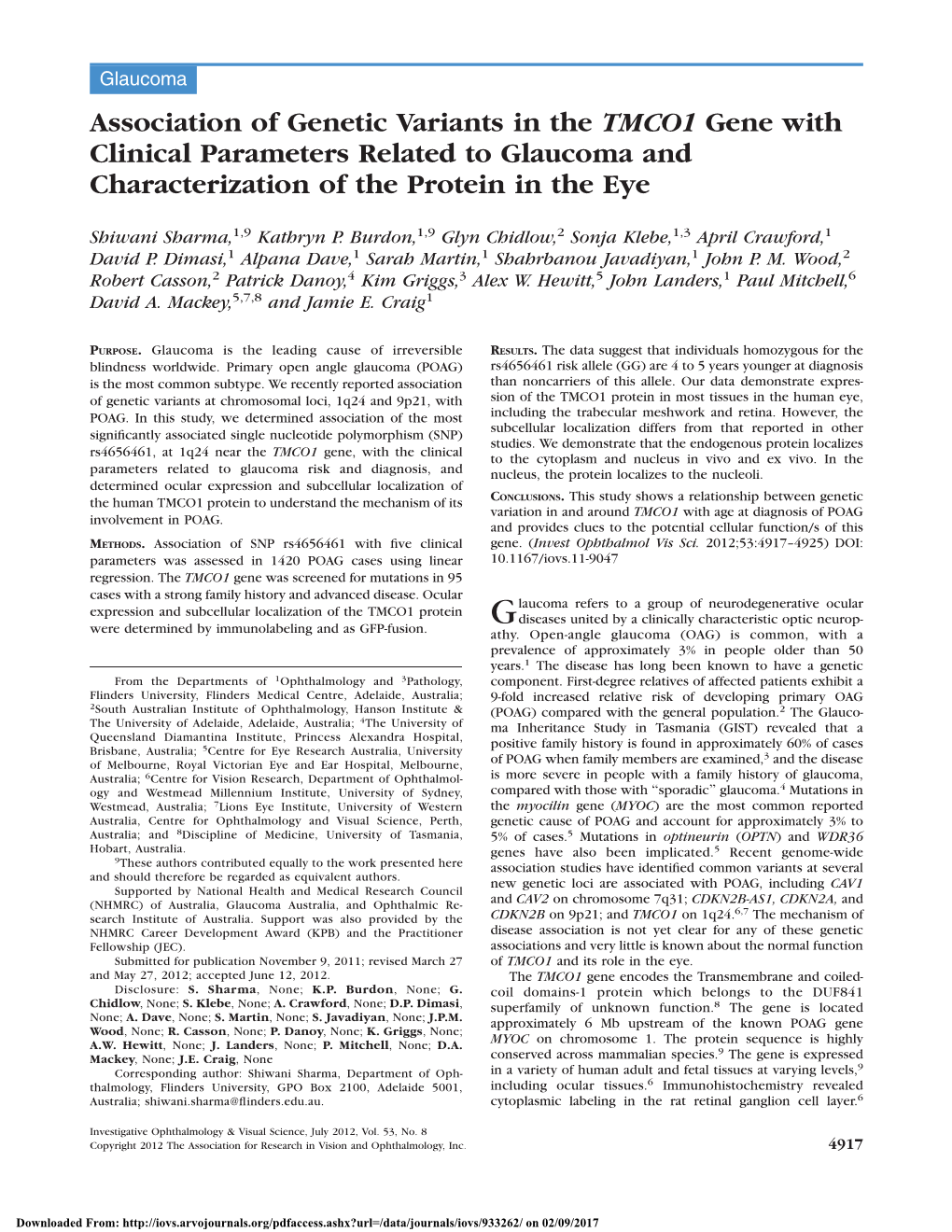 Association of Genetic Variants in the TMCO1 Gene with Clinical Parameters Related to Glaucoma and Characterization of the Protein in the Eye