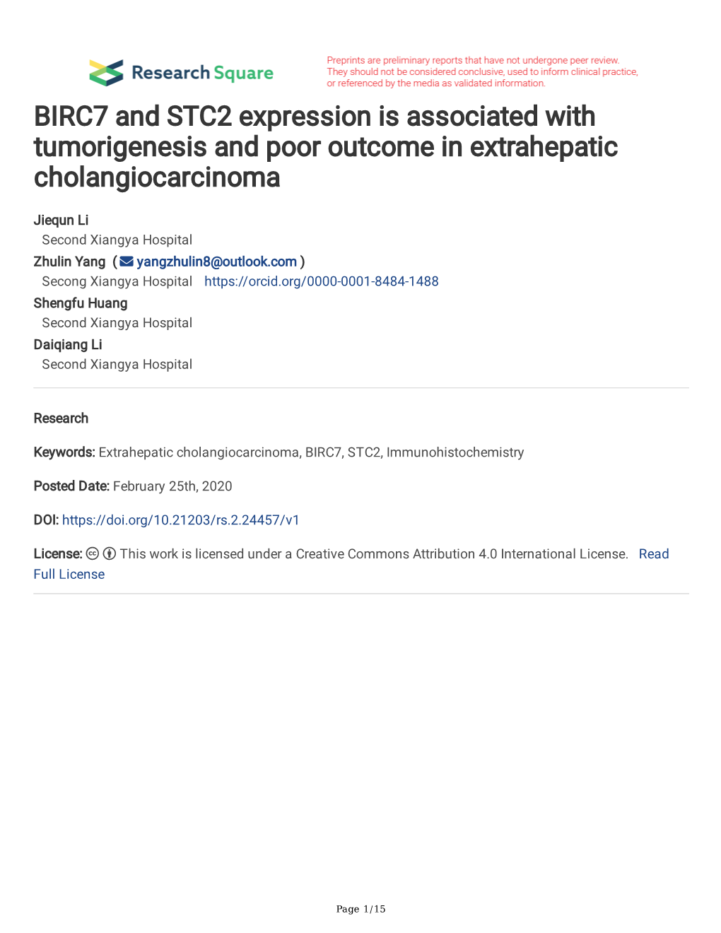 BIRC7 and STC2 Expression Is Associated with Tumorigenesis and Poor Outcome in Extrahepatic Cholangiocarcinoma