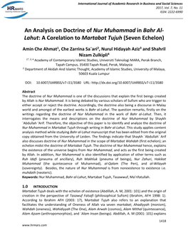 An Analysis on Doctrine of Nur Muhammad in Bahr Al- Lahut: a Corelation to Martabat Tujuh (Seven Echelon)