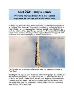 Clay's Corner for April 2021