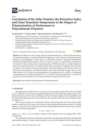 Correlation of the Abbe Number, the Refractive Index, and Glass Transition Temperature to the Degree of Polymerization of Norbornane in Polycarbonate Polymers