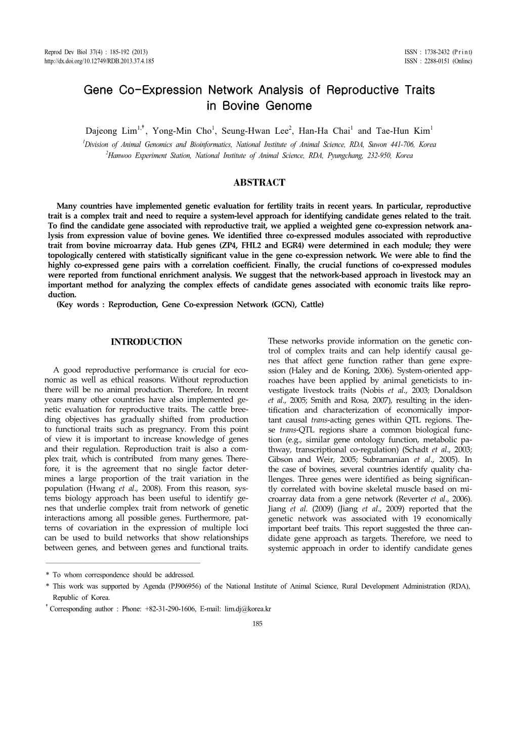 Gene Co-Expression Network Analysis of Reproductive Traits in Bovine Genome