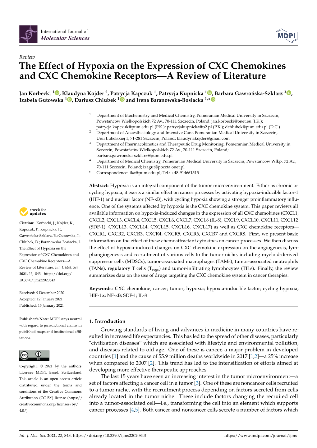 The Effect Of Hypoxia On The Expression Of Cxc Chemokines And Cxc Chemokine Receptorsa Review