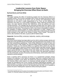 Leadership Lessons from Outer Space: Bringing the Overview Effect Down to Earth