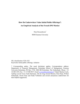 How Do Underwriters Value Initial Public Offerings?: an Empirical Analysis of the French IPO Market