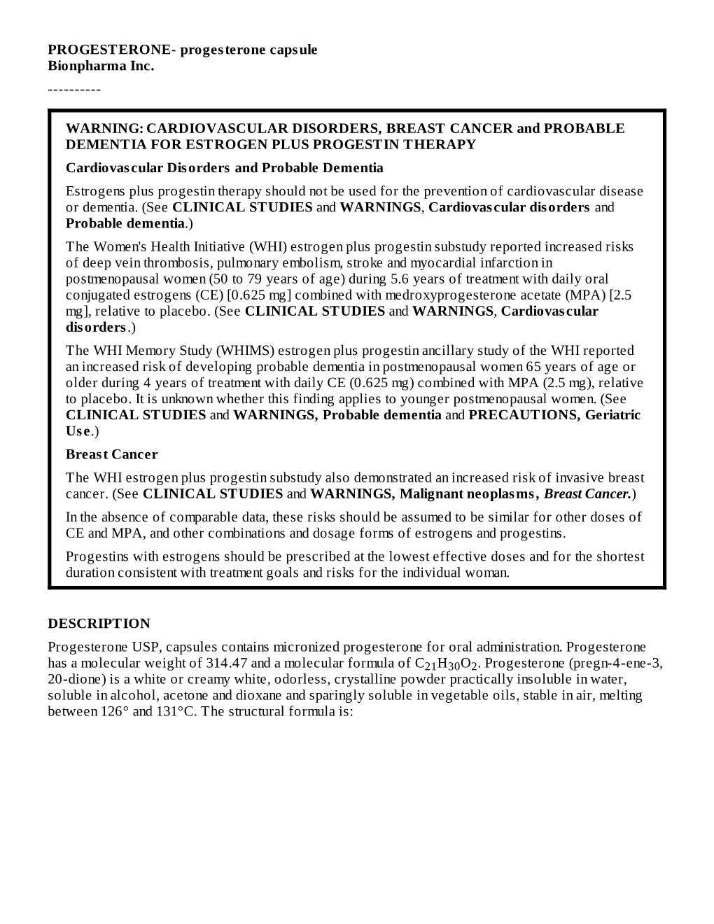 PROGESTERONE- Progesterone Capsule Bionpharma Inc