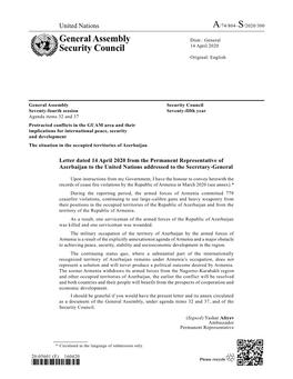 Letter Dated 14 April 2020 from the Permanent Representative of Azerbaijan to the United Nations Addressed to the Secretary-General