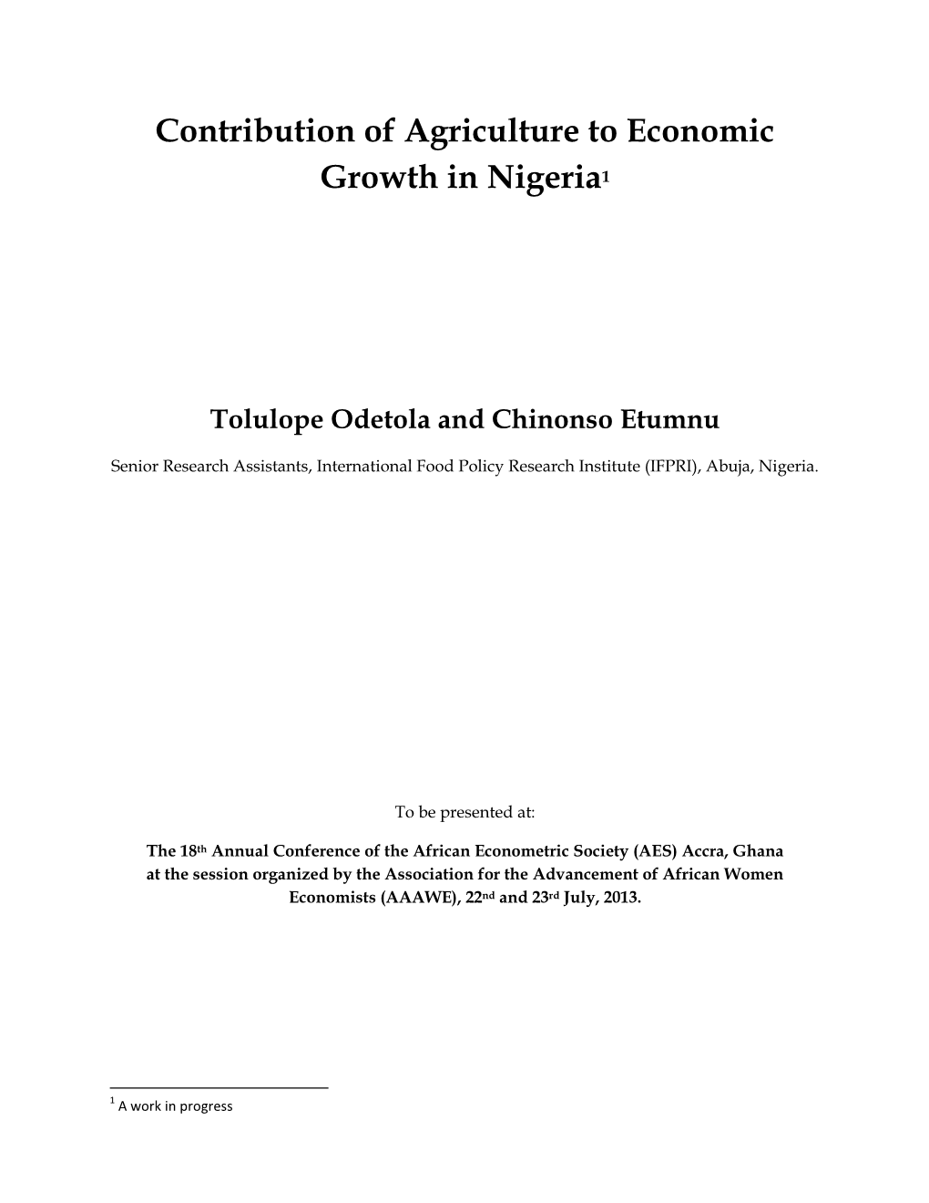 Contribution of Agriculture to Economic Growth in Nigeria1