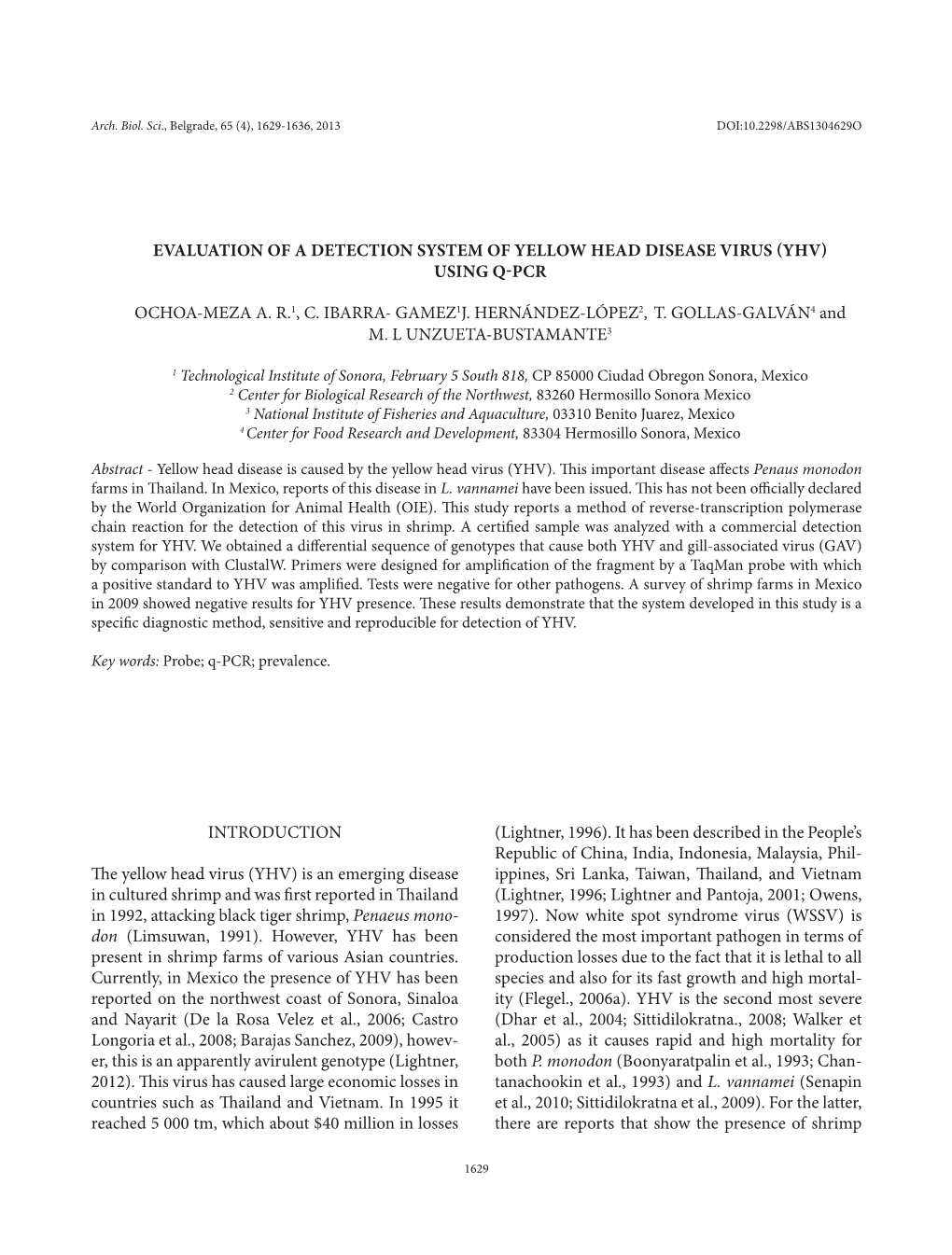 Evaluation of a Detection System of Yellow Head Disease Virus (Yhv) Using Q-Pcr