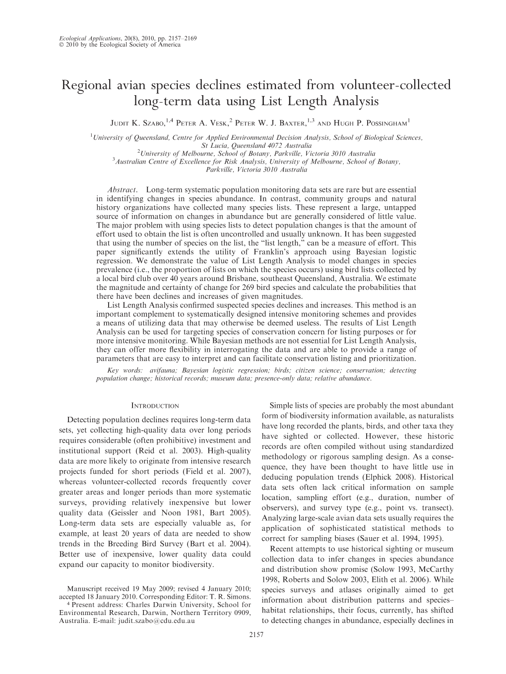 Regional Avian Species Declines Estimated from Volunteer-Collected Long-Term Data Using List Length Analysis