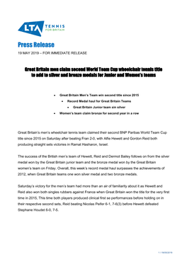 Press Release 19 MAY 2019 – for IMMEDIATE RELEASE