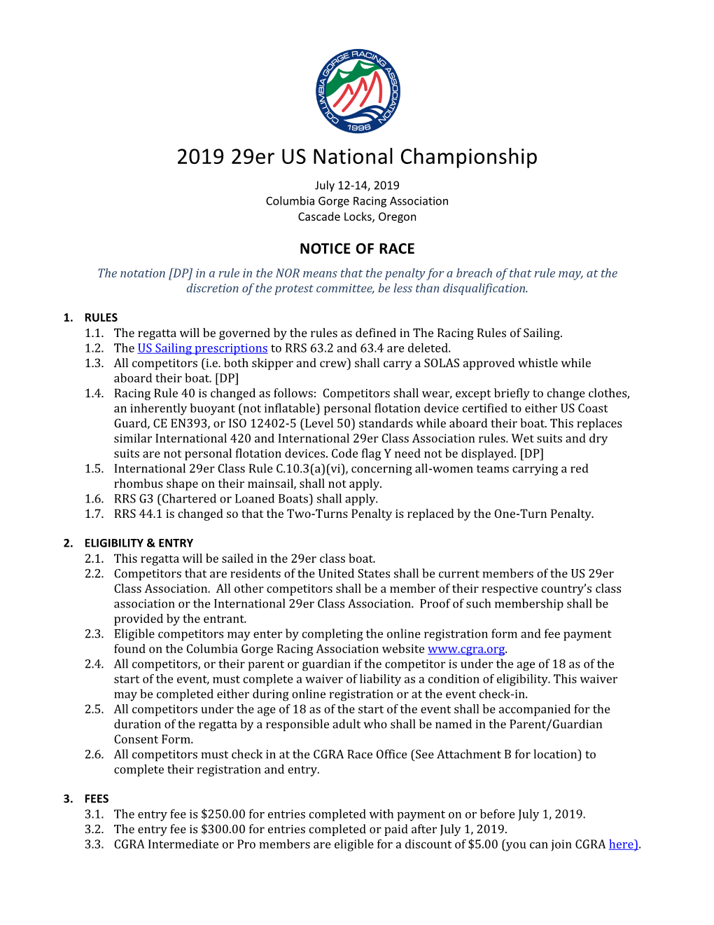 2019 29Er US National Championship July 12-14, 2019 Columbia Gorge Racing Association Cascade Locks, Oregon