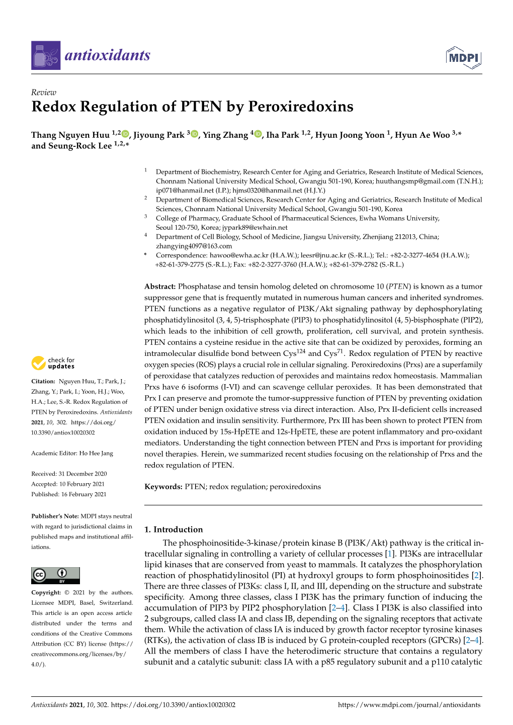 Redox Regulation of PTEN by Peroxiredoxins