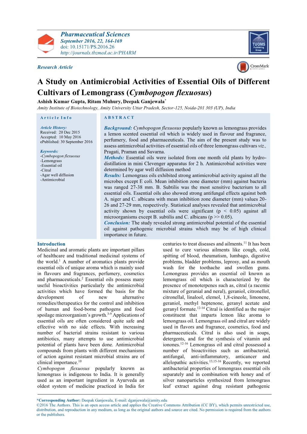 A Study on Antimicrobial Activities of Essential Oils of Different Cultivars