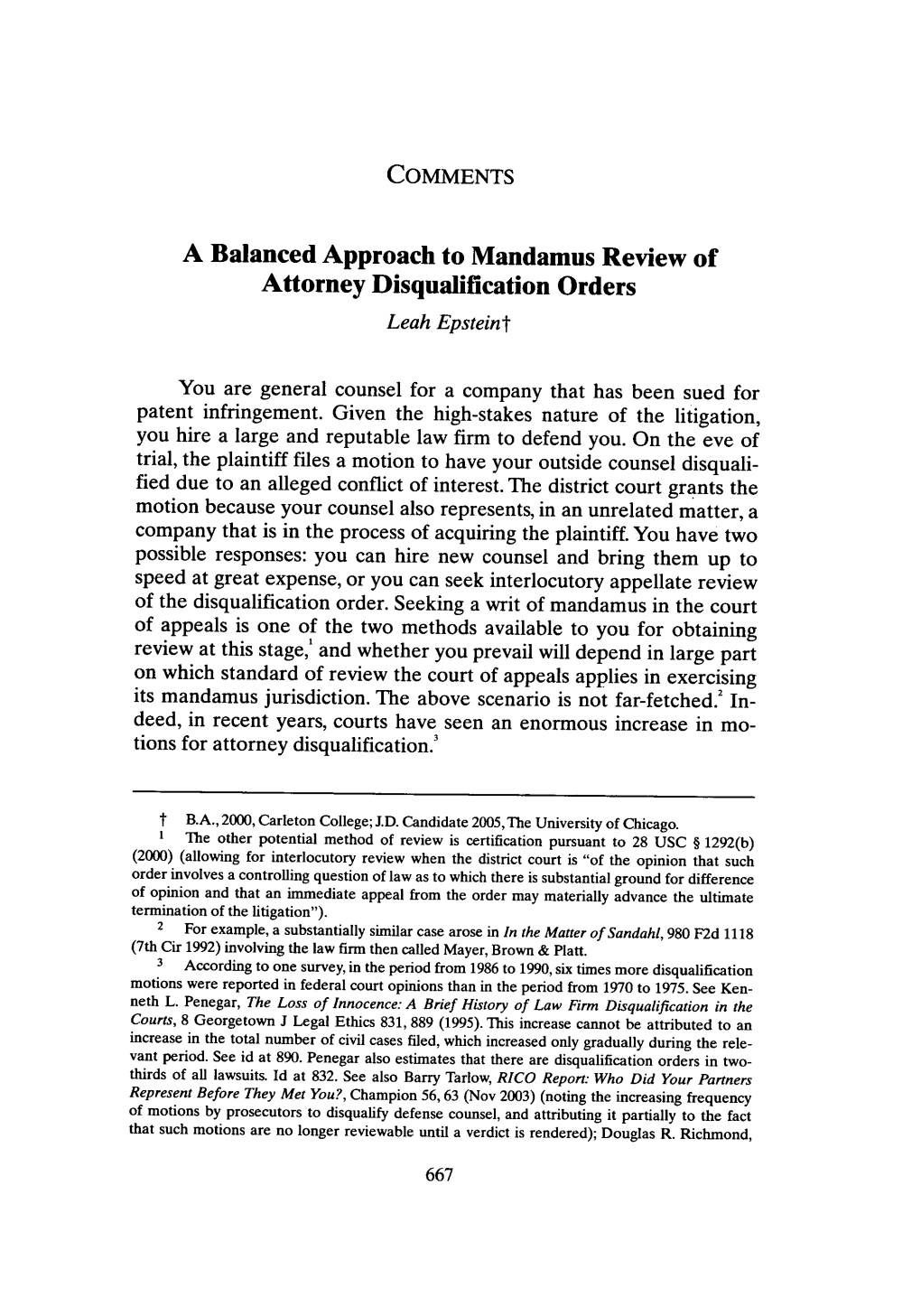 A Balanced Approach to Mandamus Review of Attorney Disqualification Orders Leah Epsteint