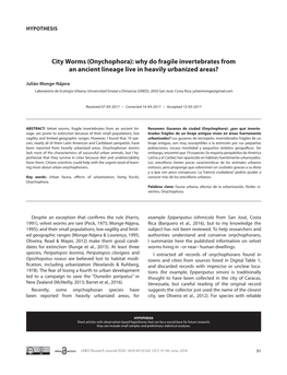 Onychophora): Why Do Fragile Invertebrates from an Ancient Lineage Live in Heavily Urbanized Areas?