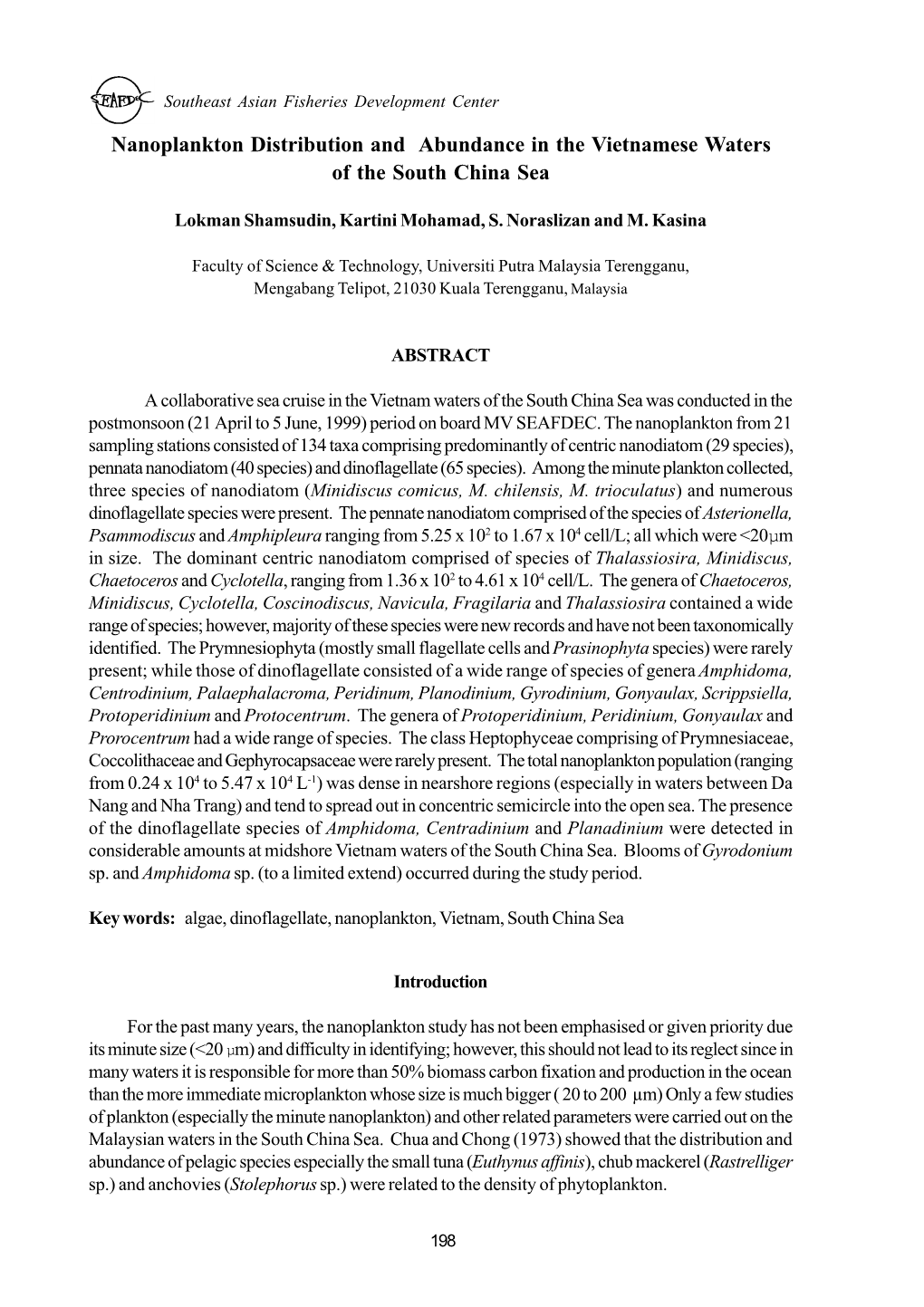 Nanoplankton Distribution and Abundance in the Vietnamese Waters of the South China Sea