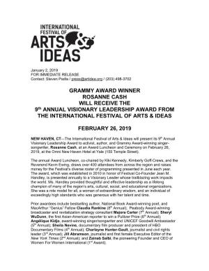 GRAMMY AWARD WINNER ROSANNE CASH WILL RECEIVE the 9Th ANNUAL VISIONARY LEADERSHIP AWARD from the INTERNATIONAL FESTIVAL of ARTS & IDEAS