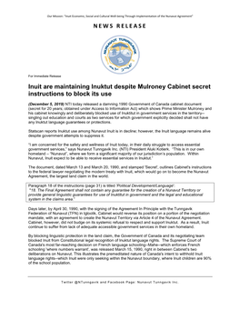 NEWS RELEASE Inuit Are Maintaining Inuktut Despite Mulroney Cabinet