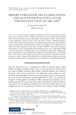 Presbyterianism, Secularization, and Scottish Politics After the Revolution Of1688 –1690 *