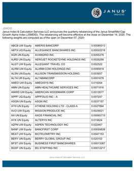 JSMDID Janus Index & Calculation Services LLC Announces The