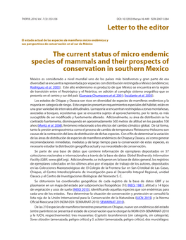 Letter to the Editor the Current Status of Micro Endemic Species Of