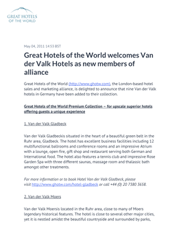 Great Hotels of the World Welcomes Van Der Valk Hotels As New Members of Alliance