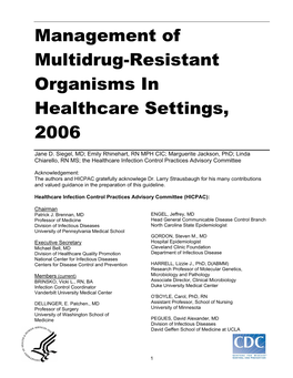 Management of Multidrug-Resistant Organisms in Healthcare Settings, 2006