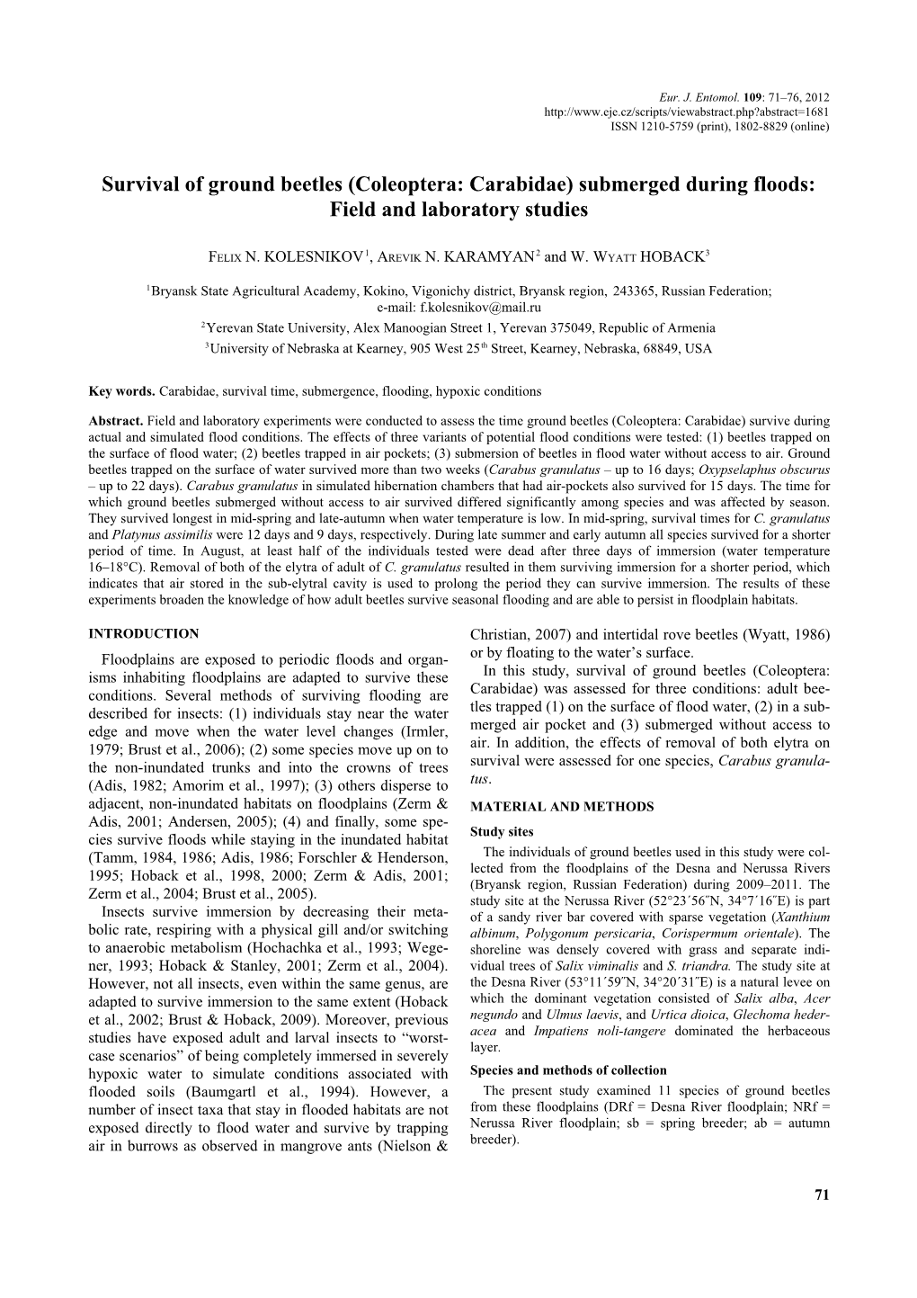 Coleoptera: Carabidae) Submerged During Floods: Field and Laboratory Studies