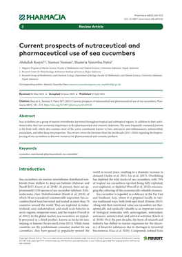 Current Prospects of Nutraceutical and Pharmaceutical Use of Sea Cucumbers