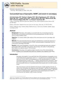 Concomitant Loss of Dynorphin, NARP, and Orexin in Narcolepsy