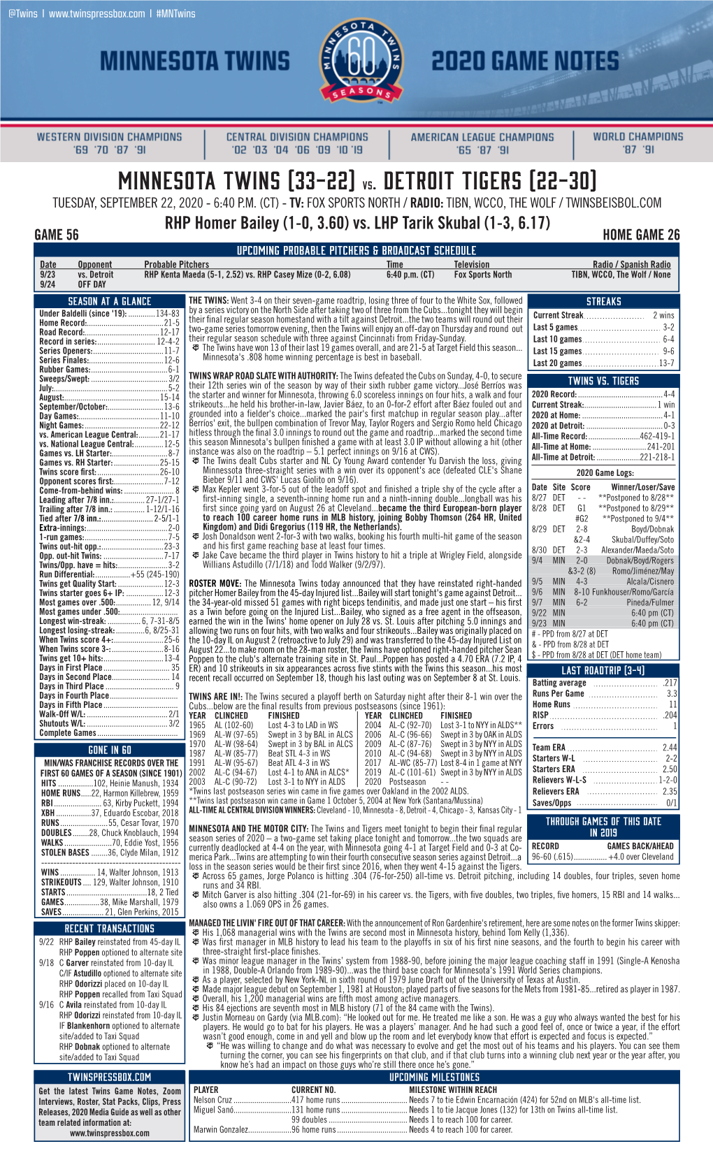 Twins Notes 9-22 Vs. DET.Pdf