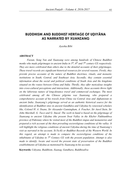 Buddhism and Buddhist Heritage of Uḍiyāna As Narrated by Xuanzang
