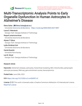 Multi-Transcriptomic Analysis Points to Early Organelle Dysfunction in Human Astrocytes in Alzheimer’S Disease