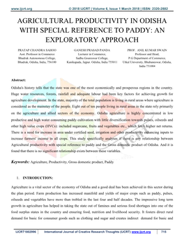 Agricultural Productivity in Odisha with Special Reference to Paddy: an Exploratory Approach