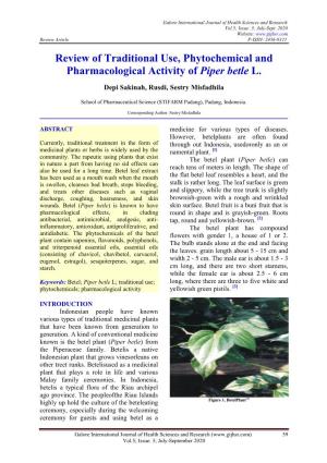 Review of Traditional Use, Phytochemical and Pharmacological Activity of Piper Betle L