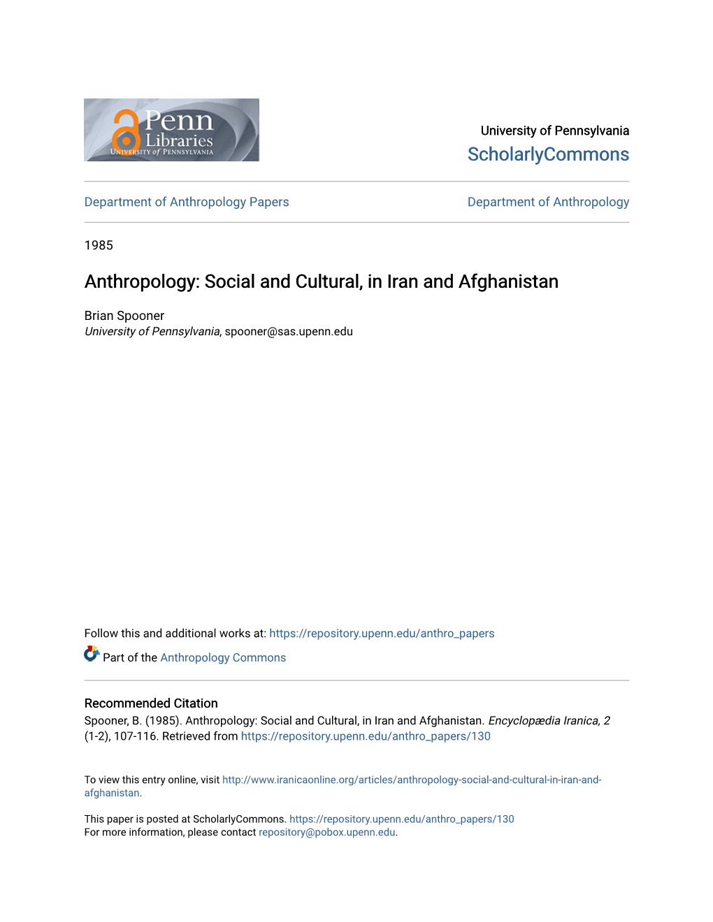 Anthropology: Social and Cultural, in Iran and Afghanistan