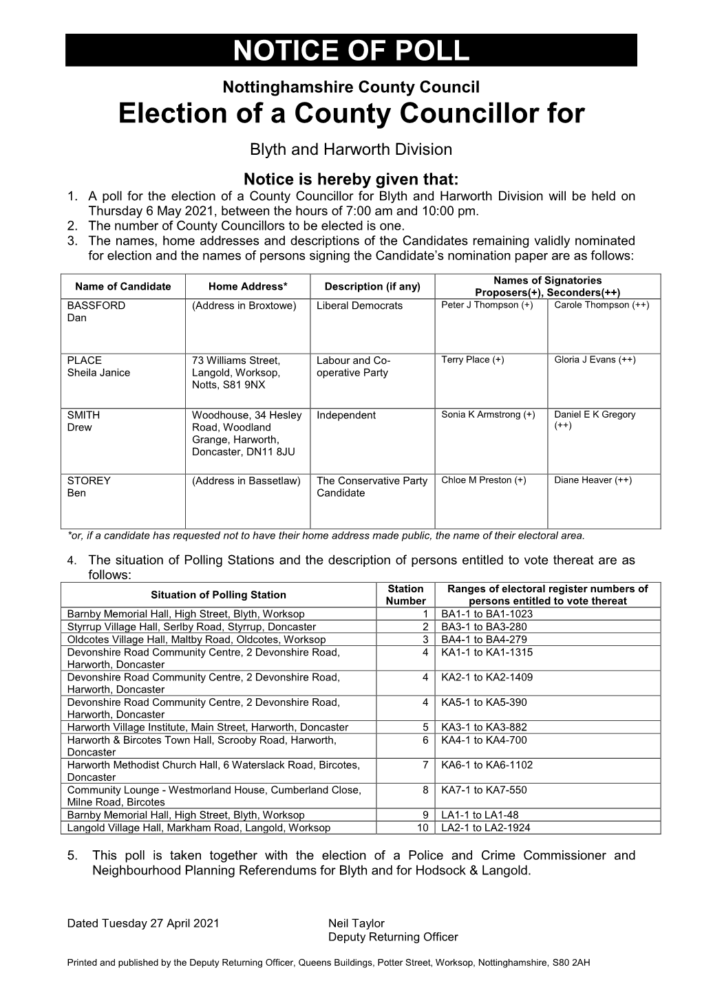 NOTICE of POLL Election of a County Councillor