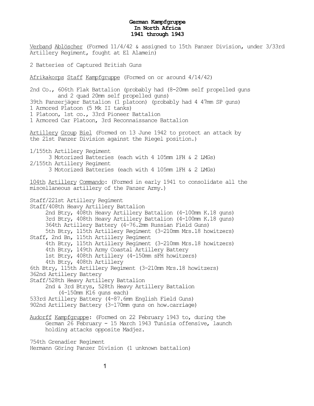 German Kampfgruppe in North Africa 1941 Through 1943