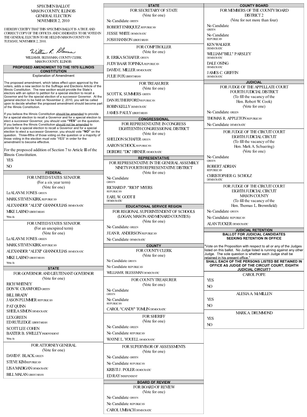 SPECIMEN BALLOT MASON COUNTY, ILLINOIS GENERAL ELECTION NOVEMBER 2, 2010 for the Proposed Addition of Section 7 to Article III O