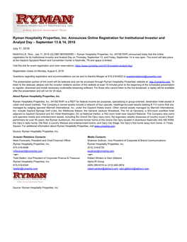 Ryman Hospitality Properties, Inc. Announces Online Registration for Institutional Investor and Analyst Day – September 13 &Am