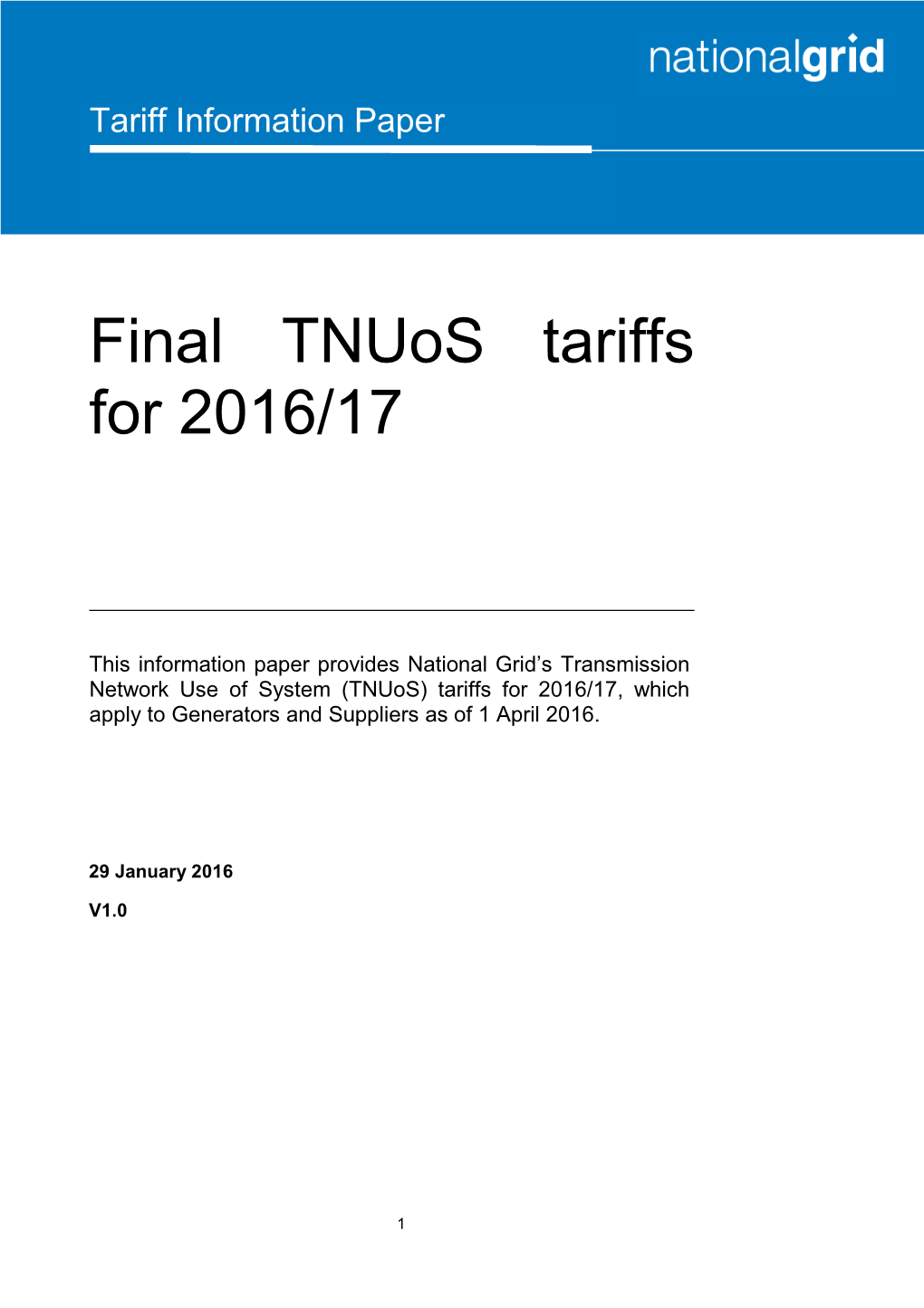 Final Tnuos Tariffs for 2016/17