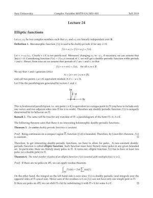 Lecture 24 Elliptic Functions
